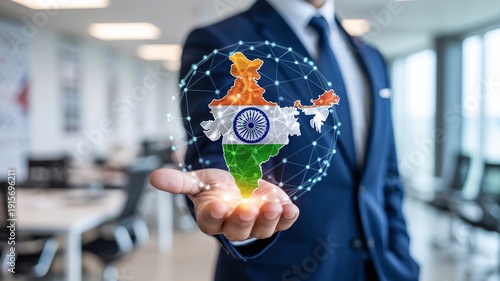 Wallpaper Mural Corporate Businessman Holding India Map Flag with Networking Mesh for Emerging Market Growth and Global Outsourcing Business Concept Torontodigital.ca