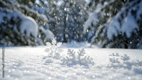serene snowfall scene with delicate snowflakes gently falling on frosty plants amidst snowy evergreen trees in winter landscape