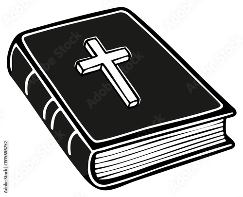 Stylized Black and White Illustration of a Bible with a Cross Emblem