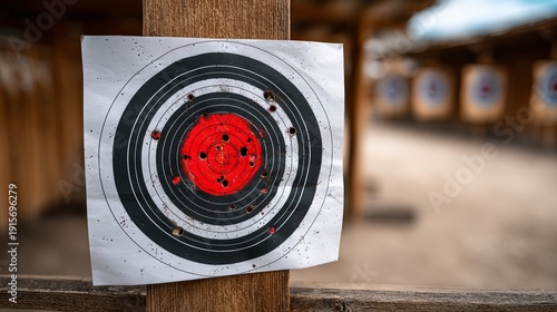 A red and black target with a bullet hole in the center. The target is surrounded by a wooden fence