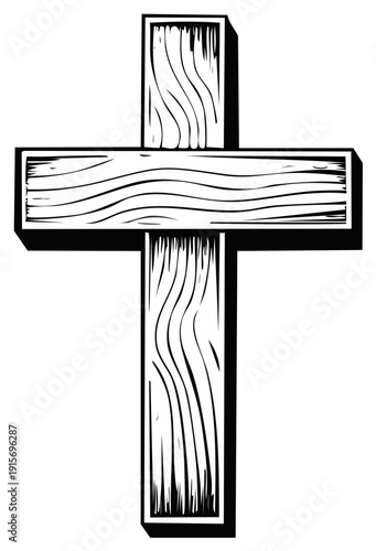 Simple Wooden Cross Silhouette Religious Symbol Isolated on White Background