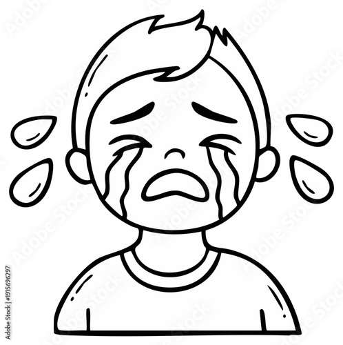 Simple line art illustration of a sad child crying with tears, expressing distress and sorrow.
