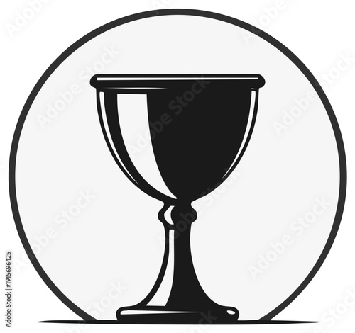 Silhouette illustration of a chalice inside a circle graphic element, black and white.