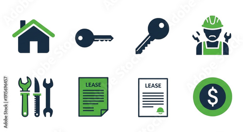 Vector Icons for Residential Property, Leasing Agreements, and Home Repair Services