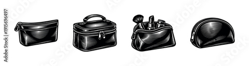 Cosmetic bag icons set. flat vector icons set of stylish makeup cases and pouches illustrations