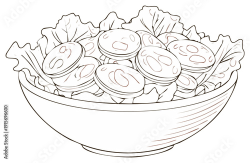 Artistic illustration of a bowl filled with sliced sausage and leafy lettuce