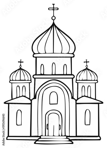 Outline Drawing of Orthodox Church with Domes and Crosses