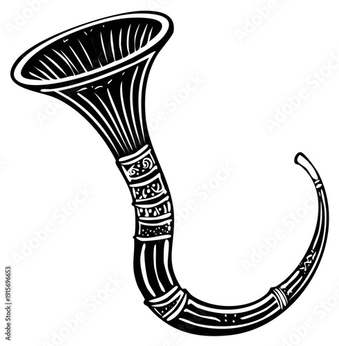 Ornate Ceremonial Horn Musical Instrument Black and White Stylized Illustration