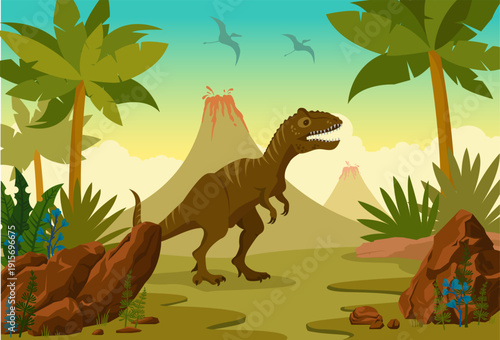 Prehistoric landscape with tyranosaur t-rex, ancient plants, eruption volcano and pterodactyls. Vector illustration with extinct plants and animals. Image with dinosaurs