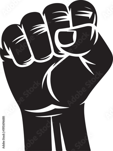 Black and white illustration of a clenched fist raised up in protest or solidarity one hand vector