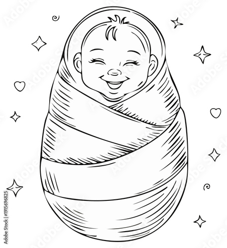 Cute smiling newborn baby swaddled in a blanket black and white line art illustration for coloring