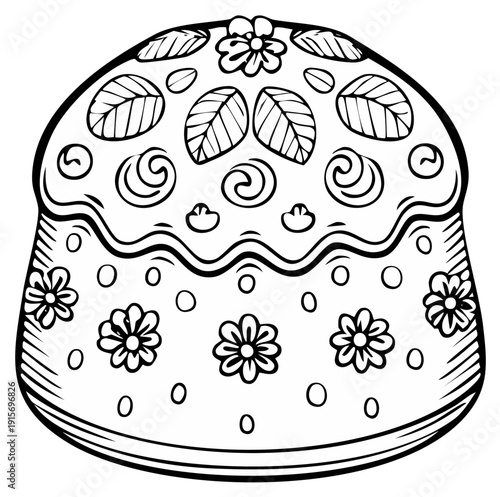 Festive Hand Drawn Easter Bread Cake Decoration with Flowers and Leaves Line Art