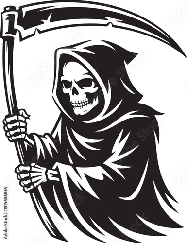 Illustration of grim reaper holding scythe in black and white color scheme  death symbol vector