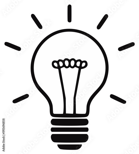 Conceptual lightbulb icon with radiating light beams representing ideas, innovation, and solutions.