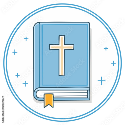 Illustrated blue book with cross on cover in circle, christian religious symbol, gospel, faith, bible