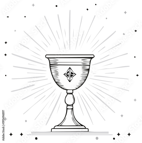 Engraved chalice illustration with radiating lines and star accents, vector art.