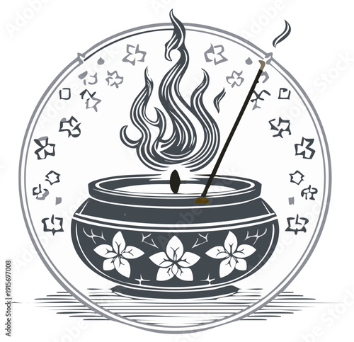 Incense Stick Burning in Ceramic Bowl with Flame and Floral Decoration within Round Border
