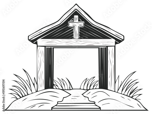 Rustic wooden church entrance with cross and grassy path illustration