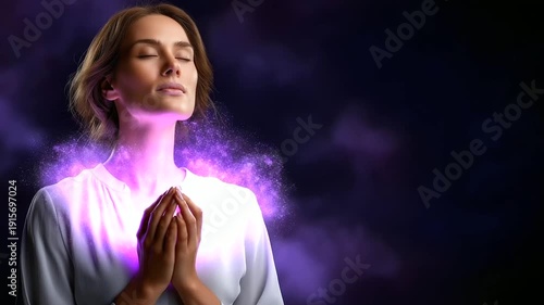 Faceless spiritual woman receiving information from universe, divine connection purple stream of consciousness into pineal gland, crown chakra seventh chakra opening and