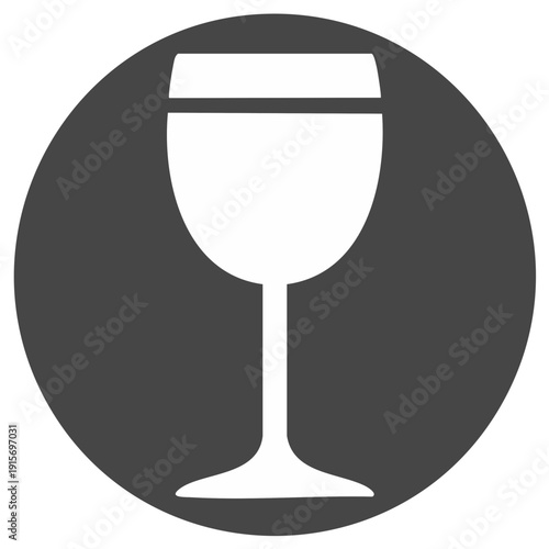White wine glass silhouette icon on a dark grey circle for bar restaurant or winery sign