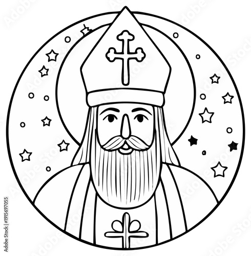 Bearded bishop with miter and cross in a celestial circle line art illustration