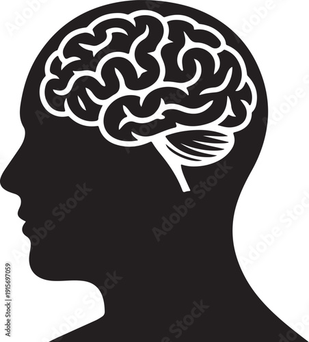 Stylized graphic silhouette of a human head profile with a detailed white brain illustration inside isolated on a transparent background