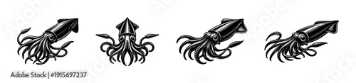Squid flat vector icons set. cephalopod and tentacle silhouettes for marine design