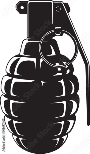Classic black silhouette of a fragmentation grenade with a safety lever and pull ring isolated on transparent background