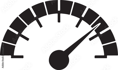 Stylized black icon of a speedometer with a needle indicating a high level of performance or speed isolated on transparent background