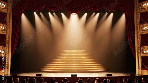 Dramatic red curtain theater stage with golden staircase and spotlights shining for performance entertainment industry success