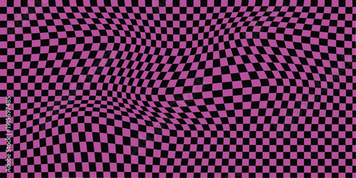 Black and pink distorted checkerboard background. Retro emo psychedelic checkered wallpaper. Wavy groovy chessboard surface. Trippy twisted geometric pattern. red trippy checkerboard retro psychedelic
