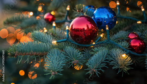 Christmas Ornaments and Pine Branches with Bokeh Lights