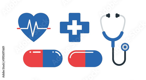 Medical Icons Heartbeat Cross Stethoscope Pills.
