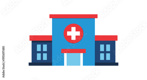 Hospital Building with Red Cross Symbol.