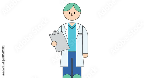 Doctor in lab coat holding clipboard.