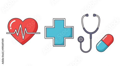 Medical Symbols Heartbeat Cross Stethoscope Pill.