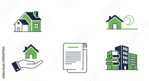 Real Estate Icons House, Hand, Documents, and Buildings