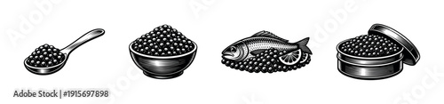 Gourmet food flat vector icons set: caviar, seafood, and delicacies collection