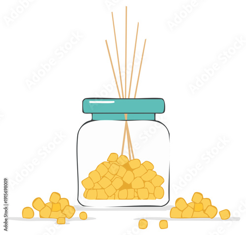 Aroma Diffuser Vector Illustration with Reed Sticks and Yellow Scented Beads