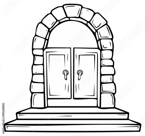 Stone Archway Entrance with Double Doors and Steps Hand Drawn Illustration