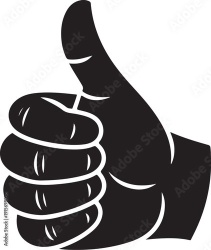 Stylized black hand gesture showing a single thumb raised upwards in a positive sign of approval and agreement isolated on transparent background