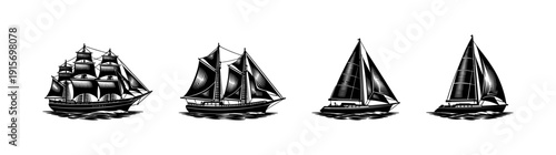 Sailing boats collection. flat vector icons set. nautical, maritime vessels illustrations