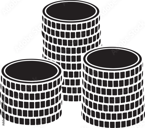 Illustration of three tall stacks of round coins piled in a financial concept arrangement against a plain background for commercial use