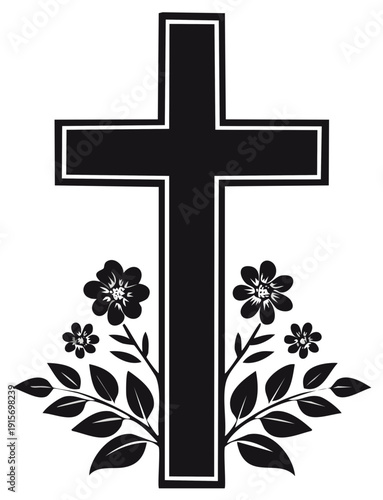 Solid Black Cross with Flowers and Leaves for Sympathy and Remembrance Graphic