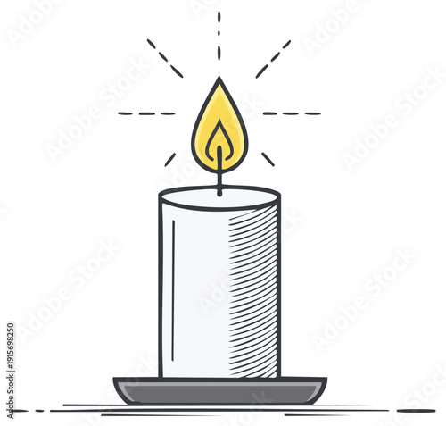 Burning candle illustration with yellow flame and radiating light
