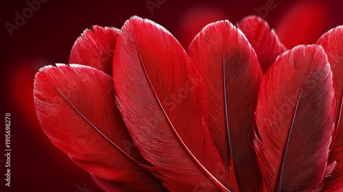 A close up of red feathers with a red background. The feathers are arranged in a way that they look like a flower. Concept of beauty and elegance