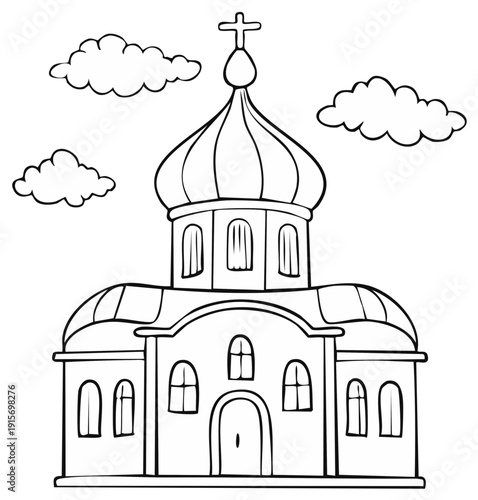Orthodox church contour illustration for children's coloring books with clouds, and religious design