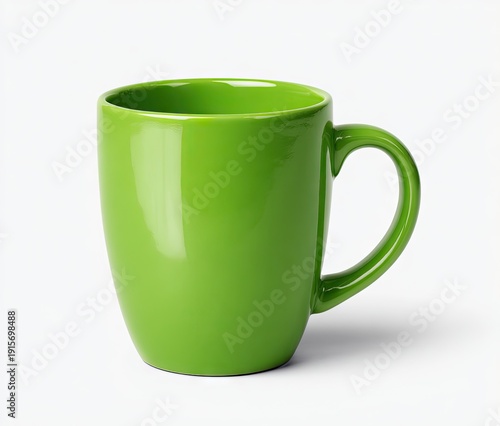 A glossy green mug with a curved handle on a white background