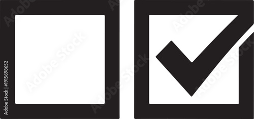 A pair of simple black square icons one empty and one containing a bold checkmark graphic element signifying completion or selection on a white background