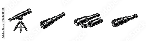 Telescope icons set: flat vector icons collection of spyglass, telescope, and monocular designs